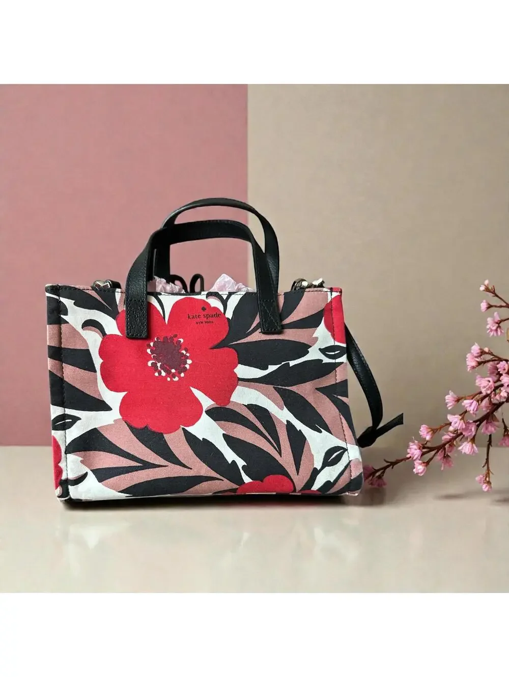 Kate Spade Floral Canvas Bag with Leather Handles & Strap